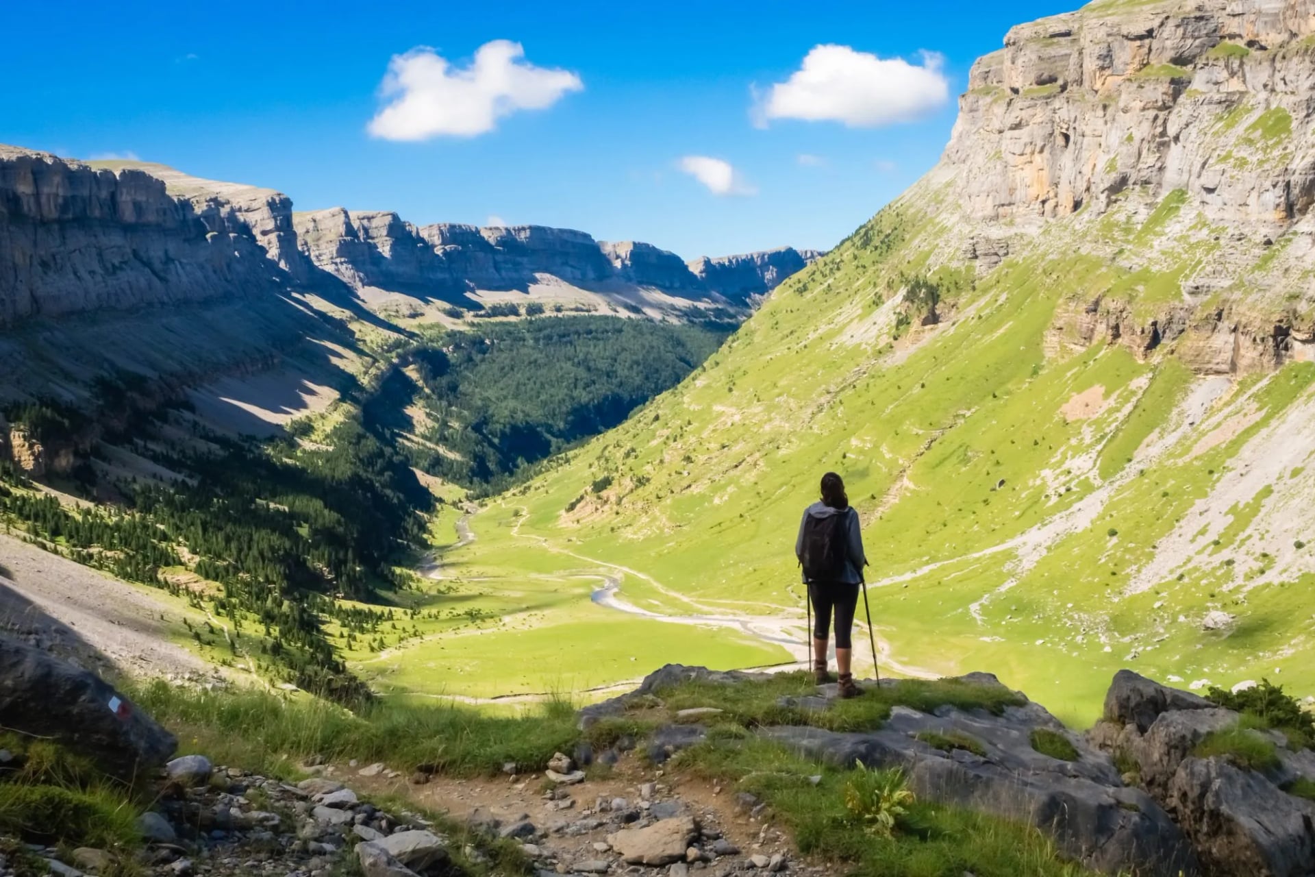 Walker on a rock looking down the green glacial valley of Ordesa between limestone walls
