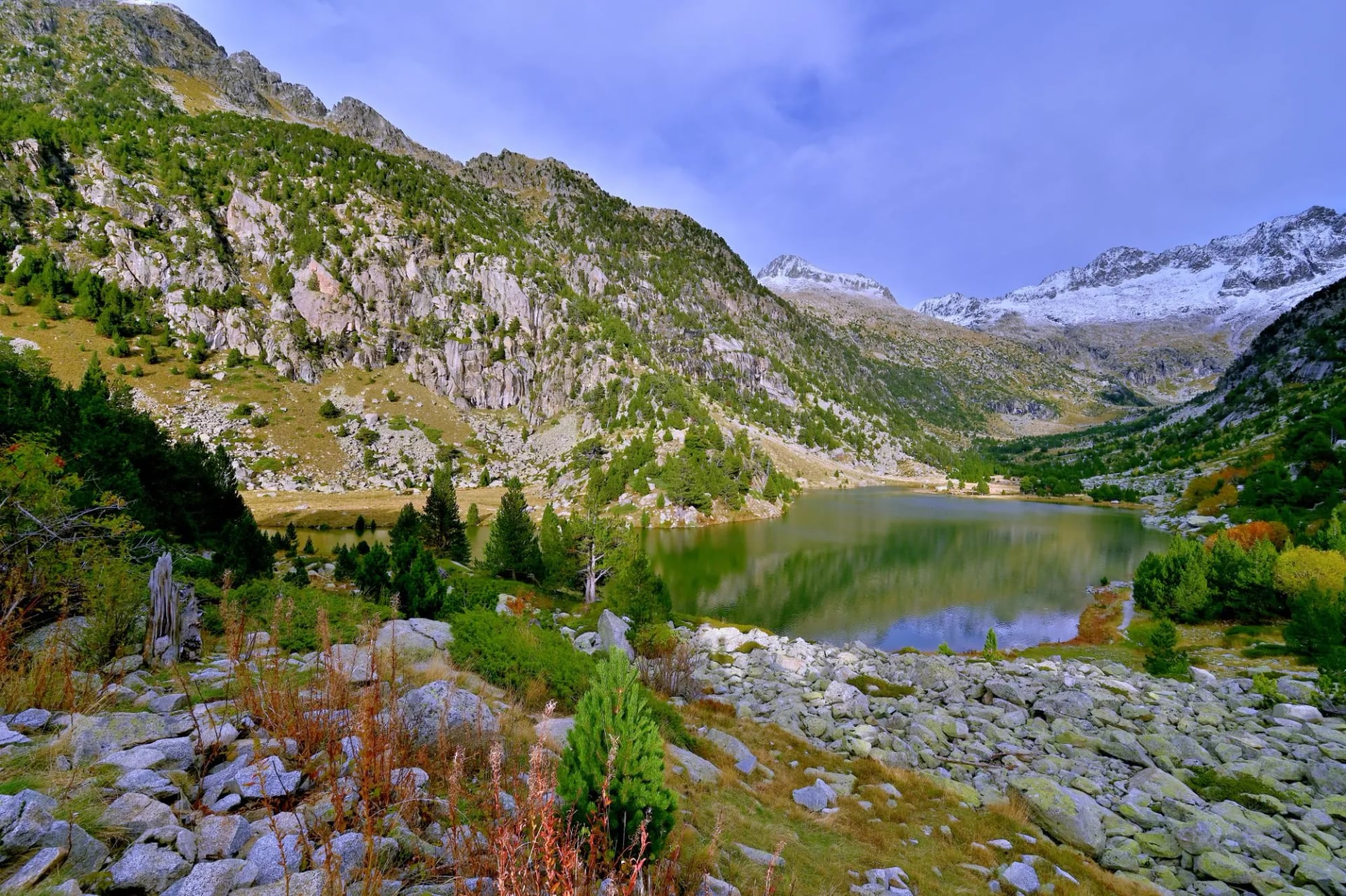 Autumn colours around a small lake in the Conangles forest with a snow dusted peak behind