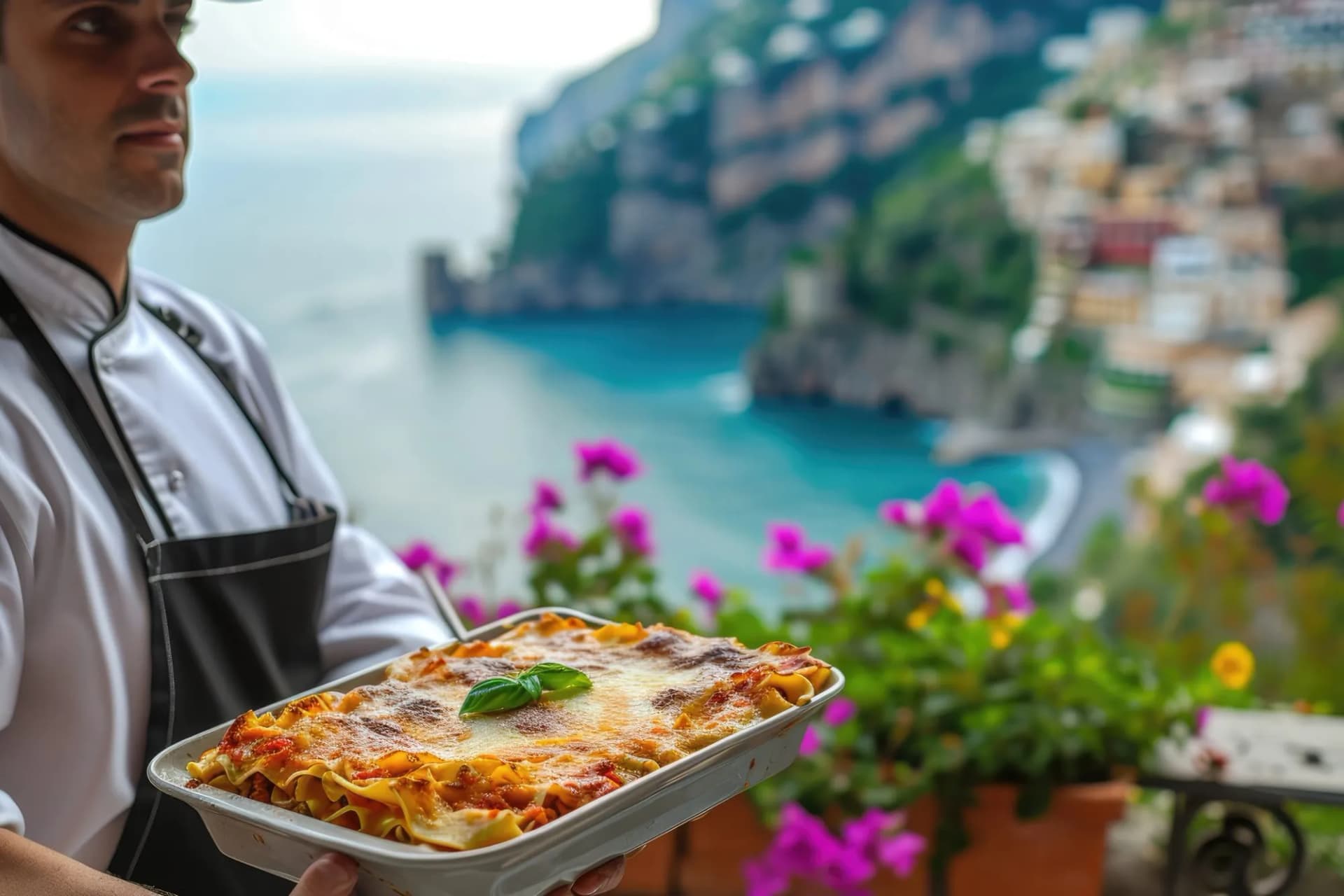 Mediterranean Delight: Indulge in the Exquisite Flavors of Seafood Lasagna as a Chef Presents this Coastal Specialty Against the Breathtaking Backdrop of the Amalfi Coast.