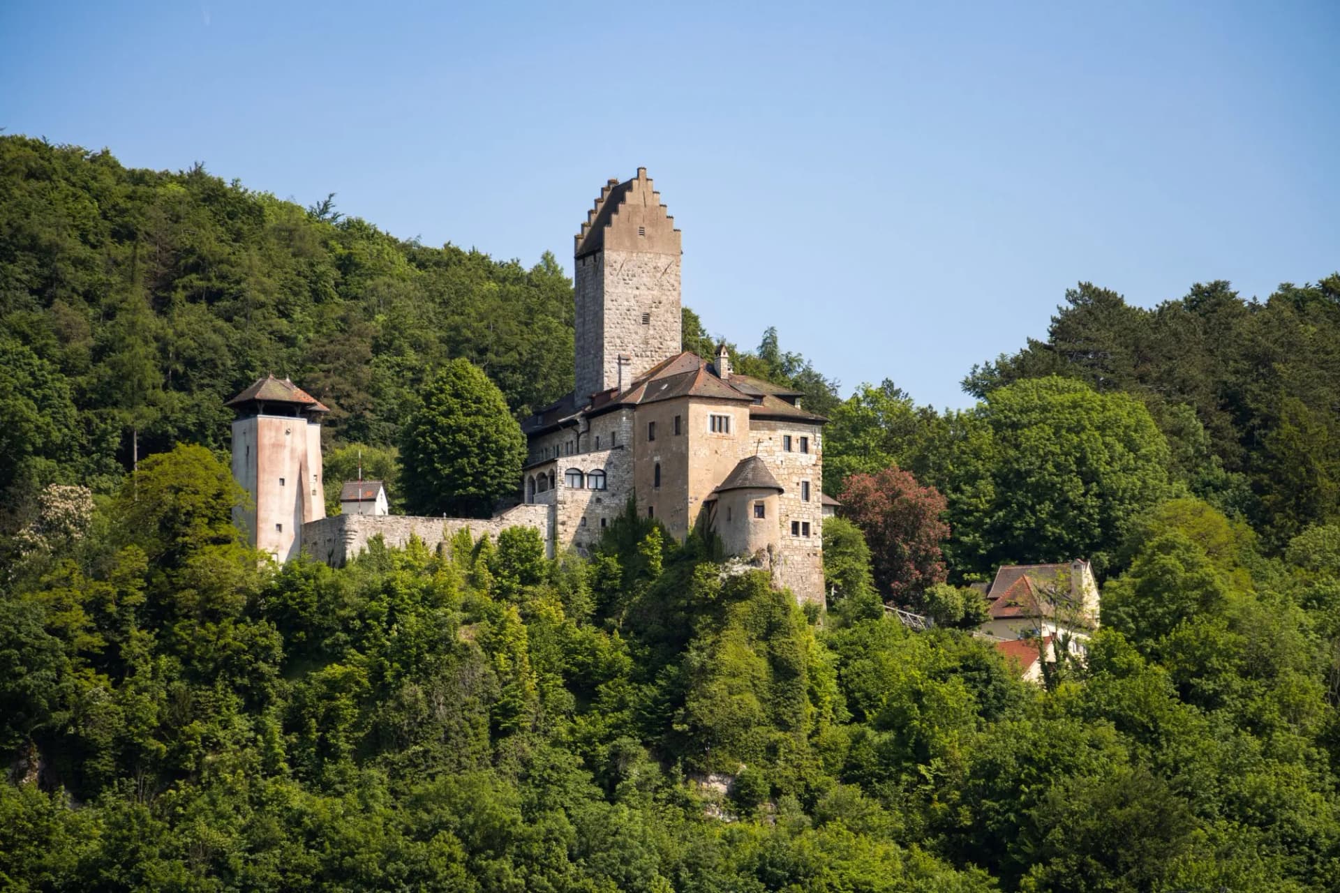 Historic castle complex on a densely wooded hill under a clear blue sky in Kipfenberg.