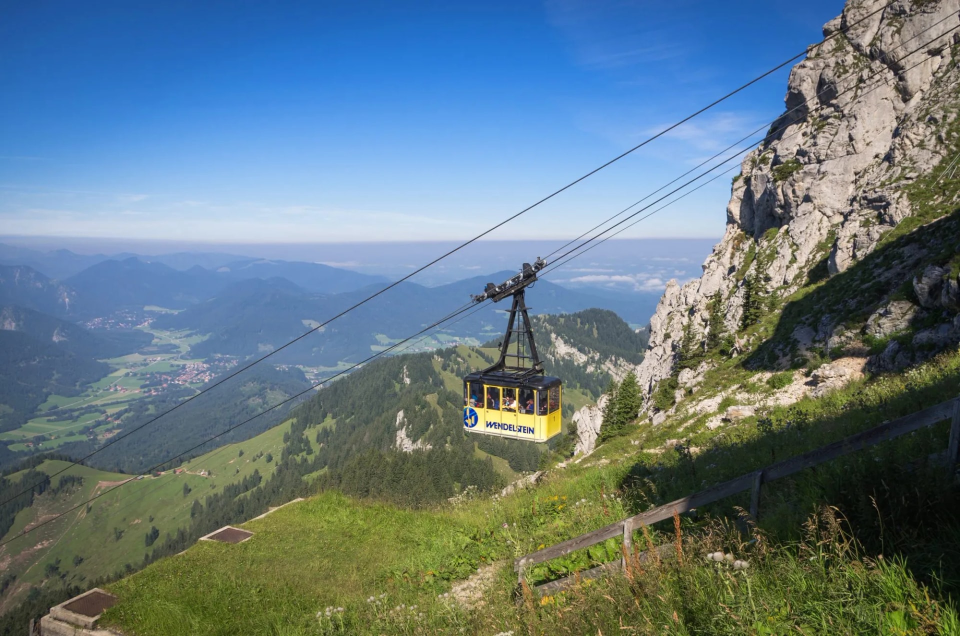 Yellow Wendelstein cable car ascending past rocky slope overlooking green alpine valley.