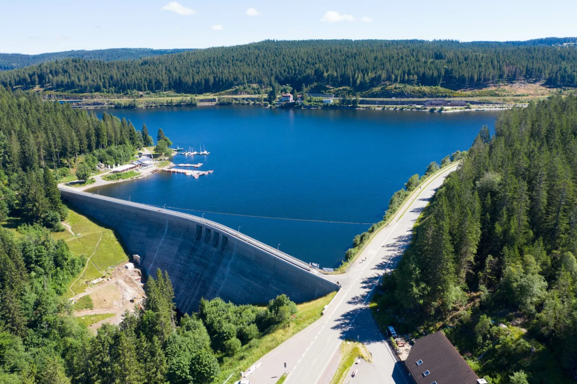 Aerial view from the dam at Lake Schluchsee. Is ist a reservoir in the municipality of Schluchsee near St. Blasien in the district of Breisgau, Black forest, Baden-Wuerttemberg, Germany.