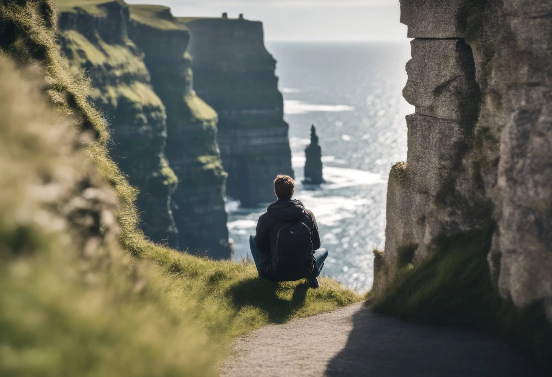 Een wandelaar op het pad van de Cliffs of Moher onder zware bewolking