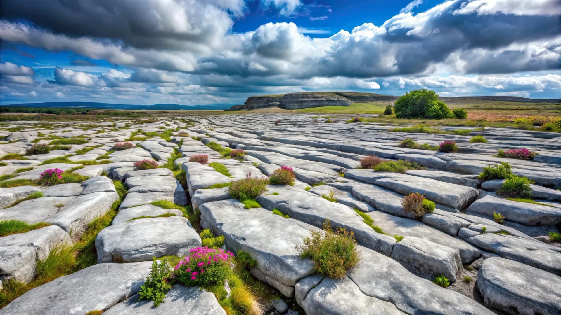 Kalkstenen pavement van de Burren met wilde bloemen die in de barsten groeien