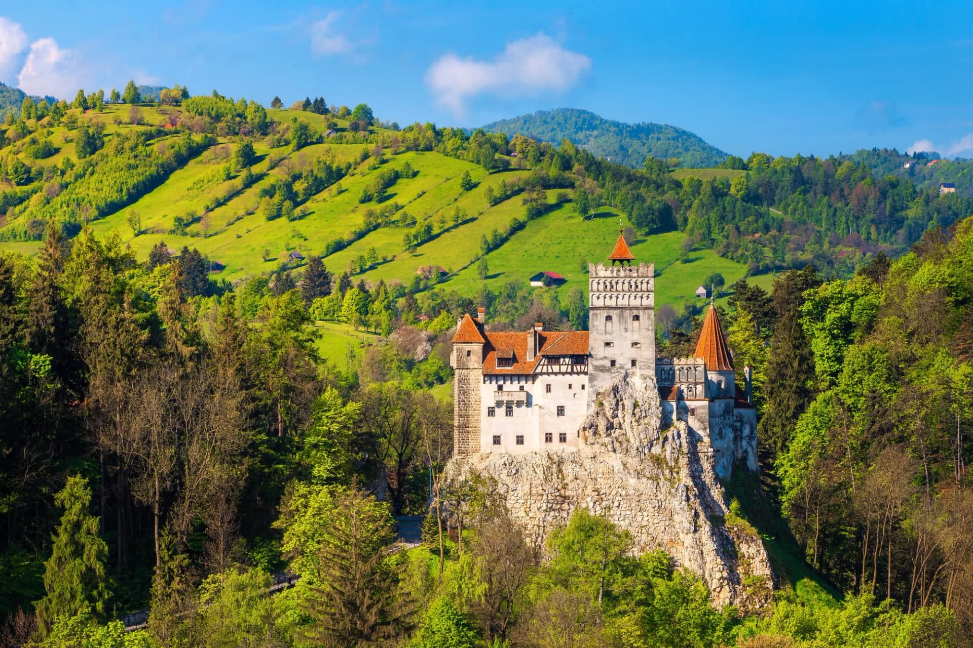 Bran Castle perched on rocky outcrop with green rolling hills and bright blue sky