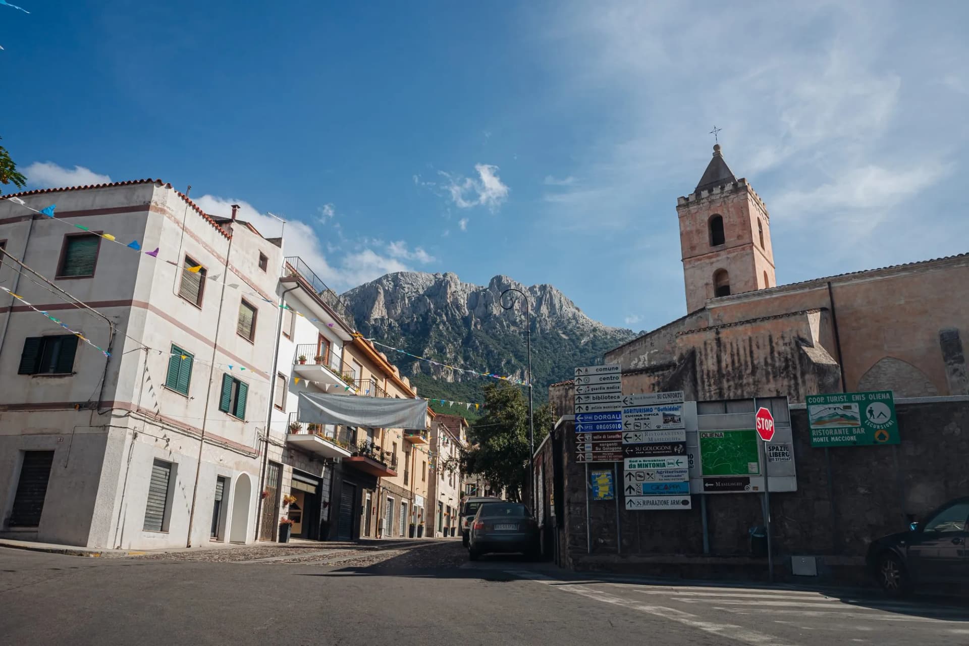 OLIENA, SARDINIA / OCTOBER 2019: Center of the village with a view over the Gennargentu mountains