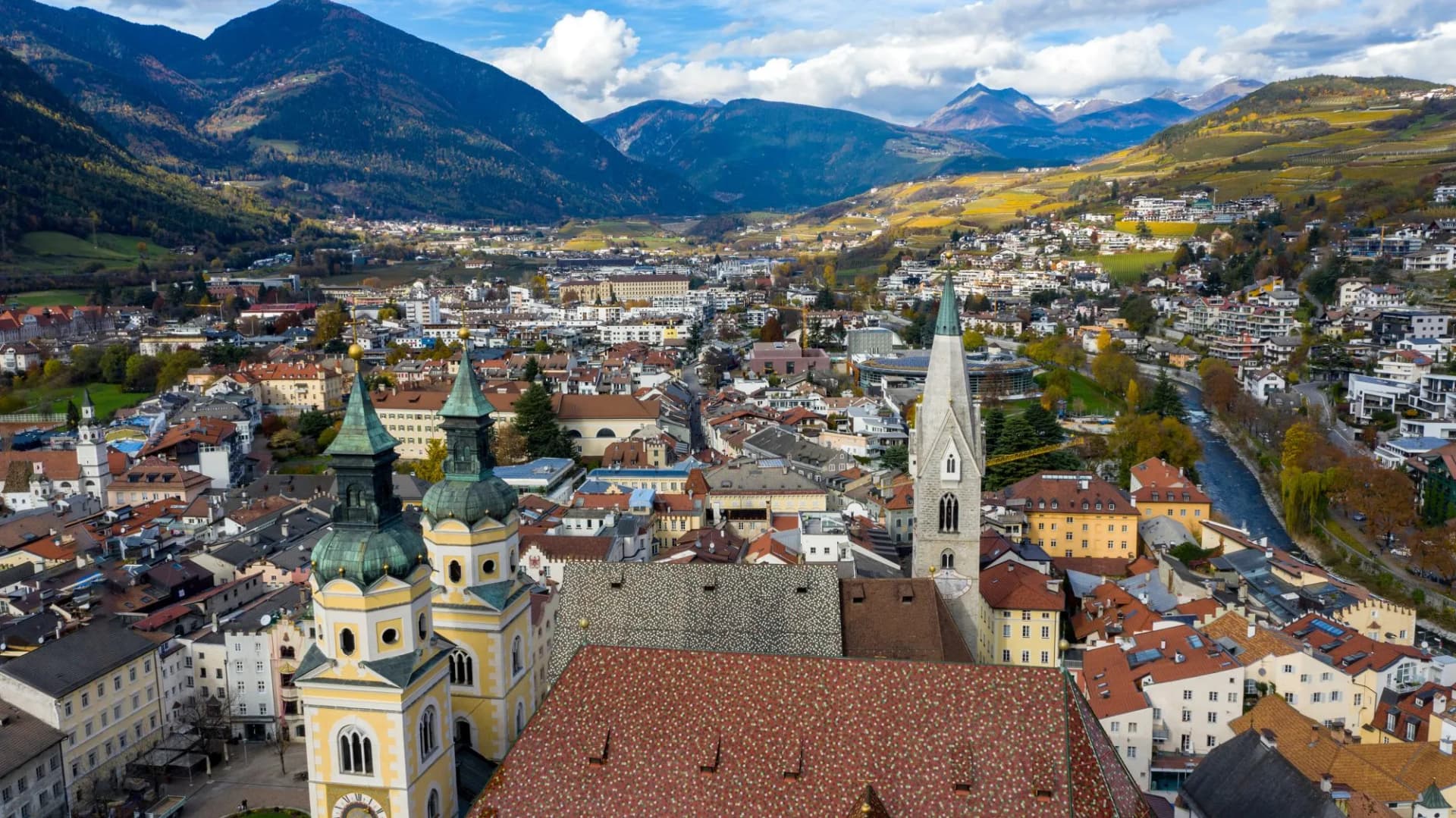 Cathedral of Santa Maria Assunta and San Cassiano in Bressanone. Brixen / Bressanone is a little town in South Tirol in northern Italy. South Tyrol, Bolzano. Italy. Aerial view of the old center city.