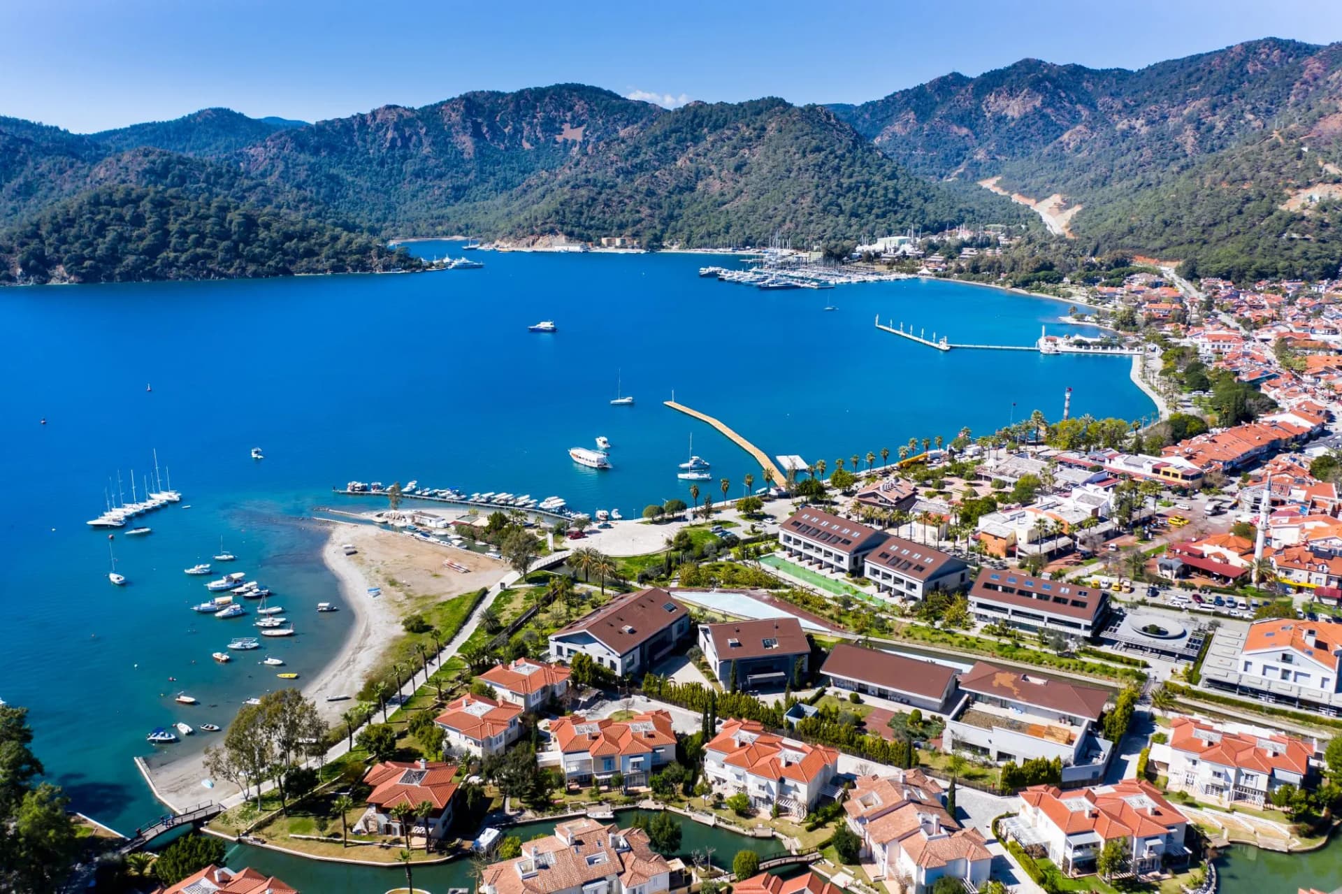 Gocek harbor, bay and city of skyline aerial view. Mediterranean coast, Fethiye TURKEY