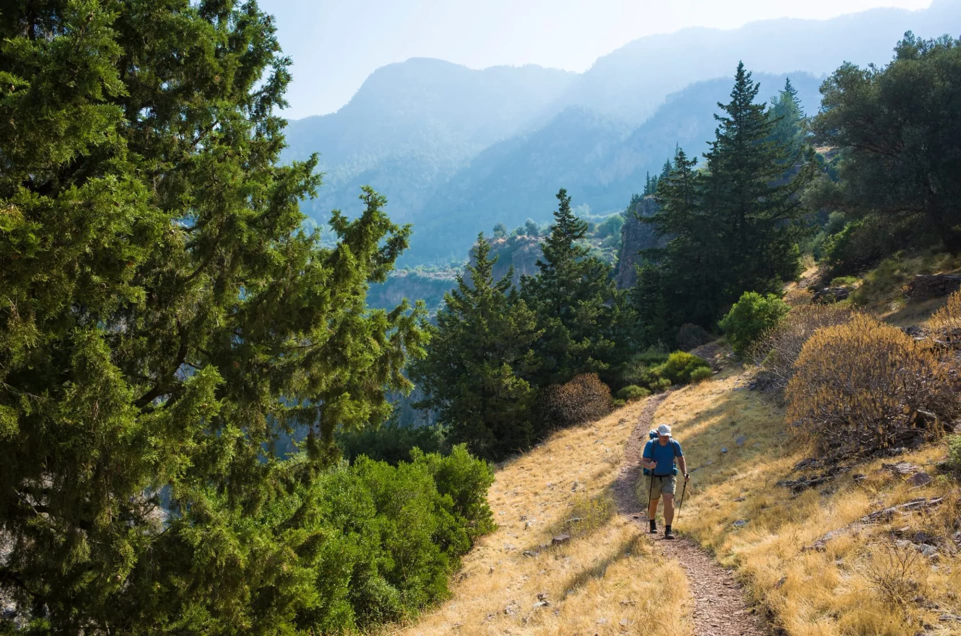 Hiker with backpack and poles on dry trail overlooking hazy mountains and green trees.