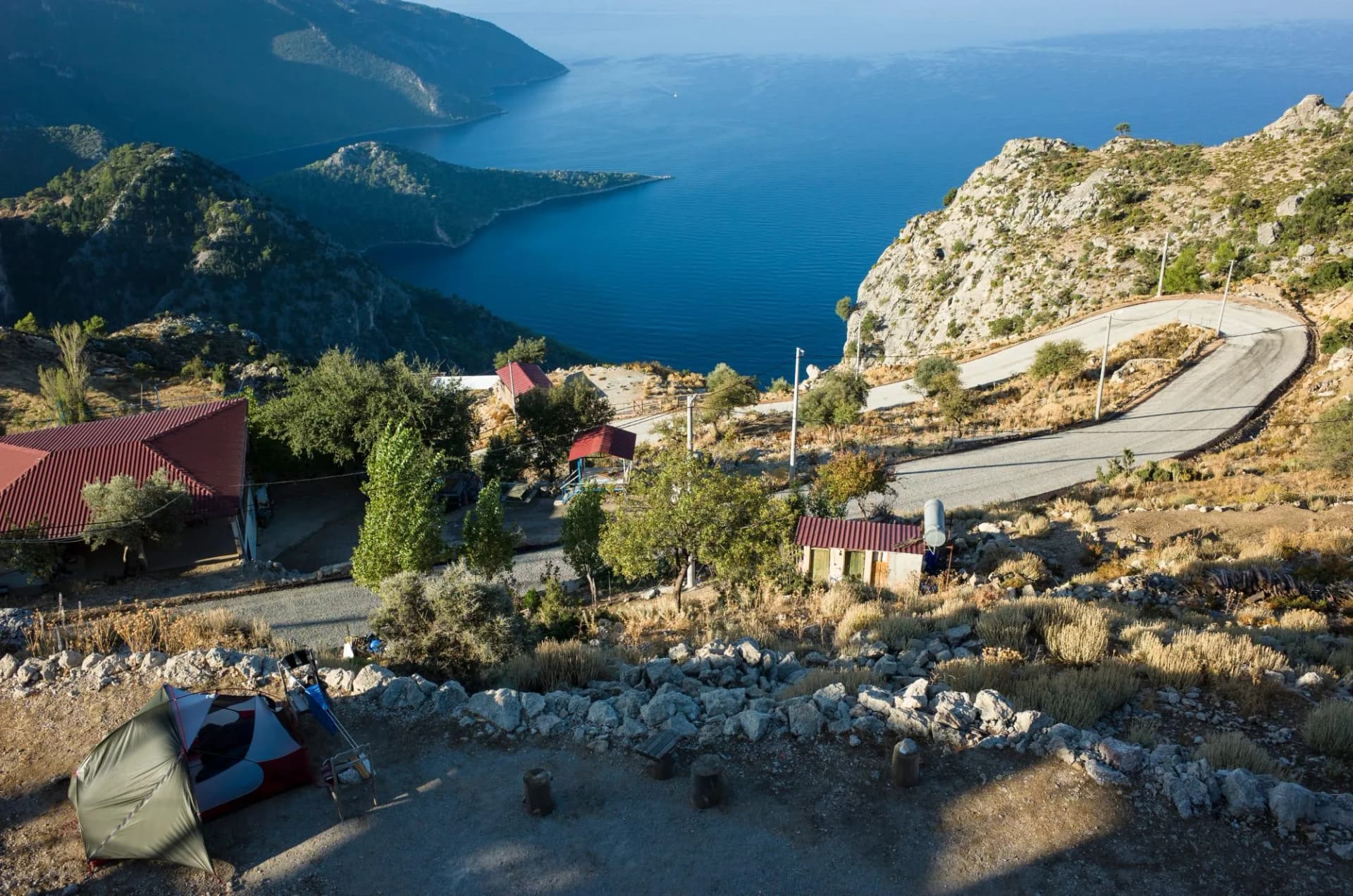 Tent on camping terrasse in Alinca - small turkish village high om mountain on Mediterranean coast of Turkey along Lycian way hiking trail