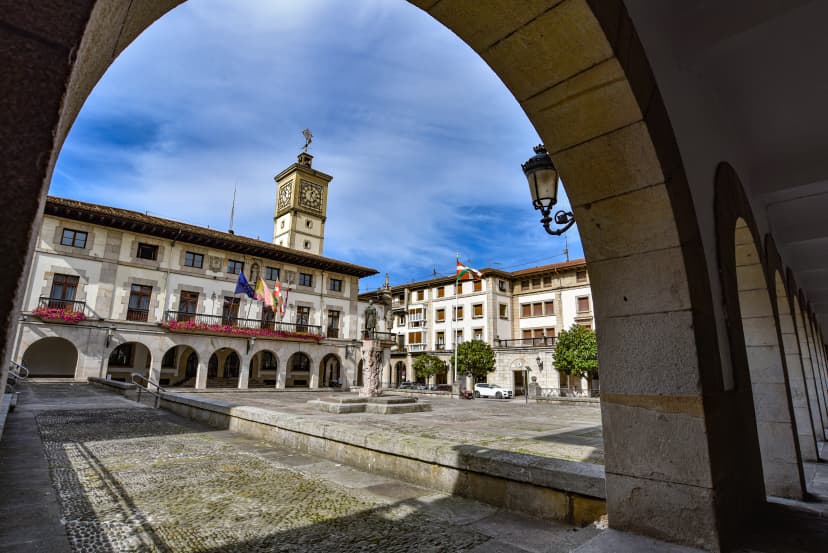 Guernica, Spain - 11 Sept 2021: The town square of Guernica (Gernika) in the Basque region of Spain