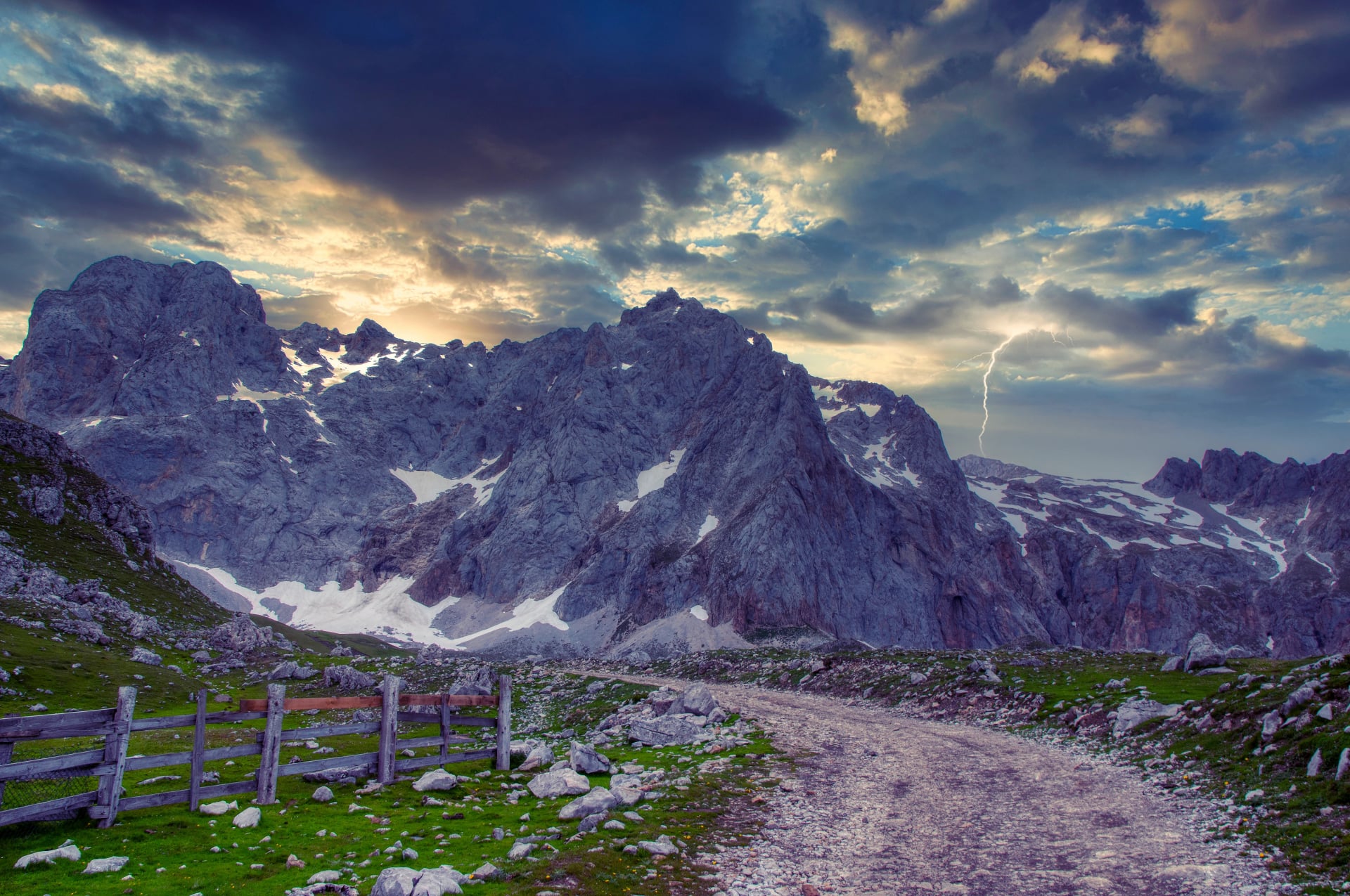 High mountains electric storm scenery in Picos de Europa, Spain.