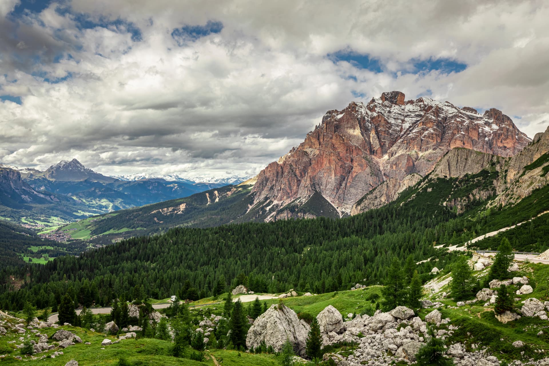 Passo Falazarego in Dolomites, aerial view of Italy