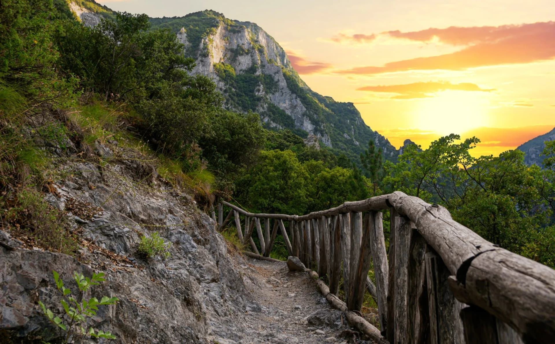 Beautiful sunset over Mount Olympus in Greece. This is the small road to Enipea source of the river Zeus Bath near the village of Litochoro