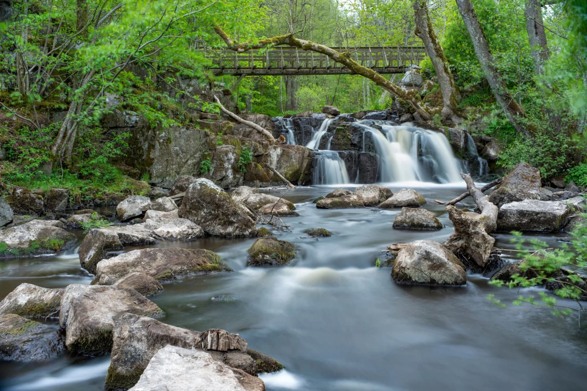 Stunning Slow falling Water Hallamolla Waterfall in lush rural Forest during springtime in Skane Osterlen near national park Stenshuvud, South Sweden. Long Exposure Waterfall.