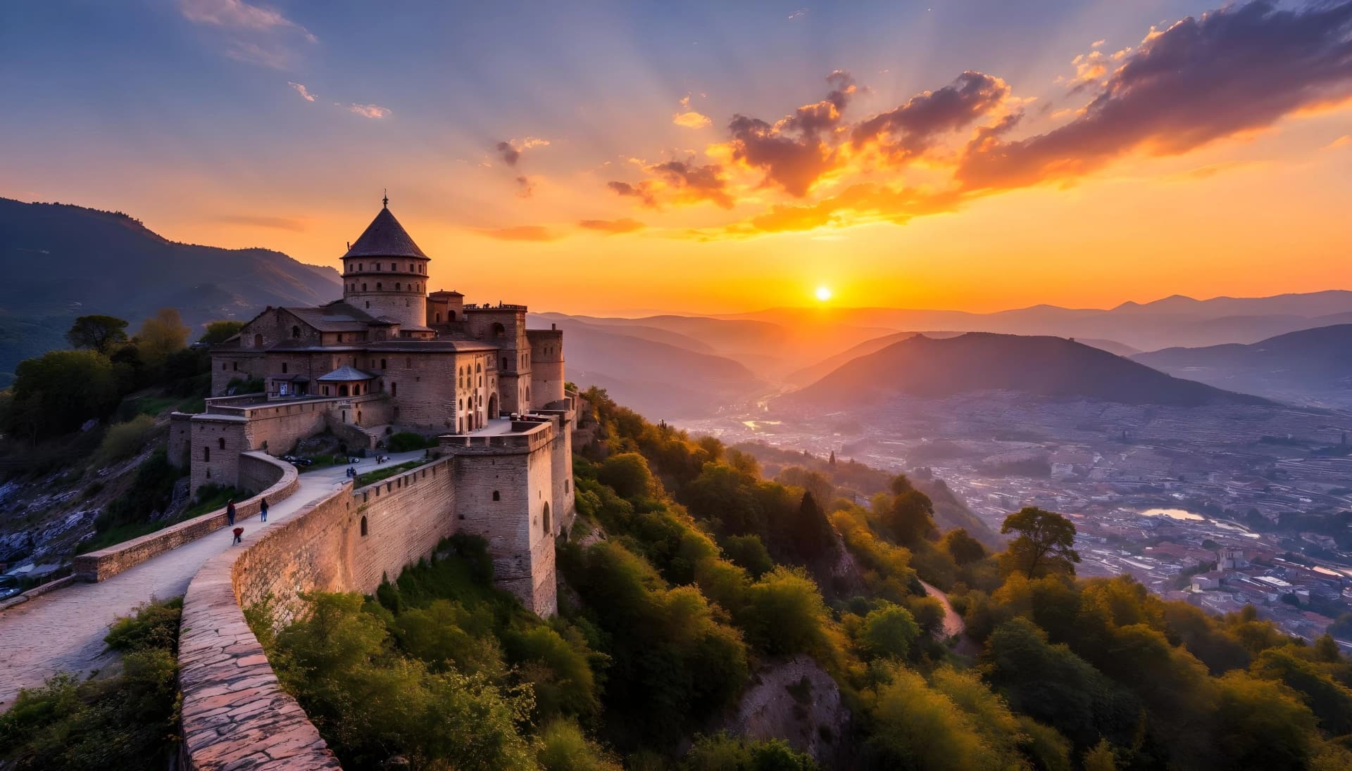 Picturesque sunrise over the ancient Narikala fortress in the city of Tbilisi, Georgia