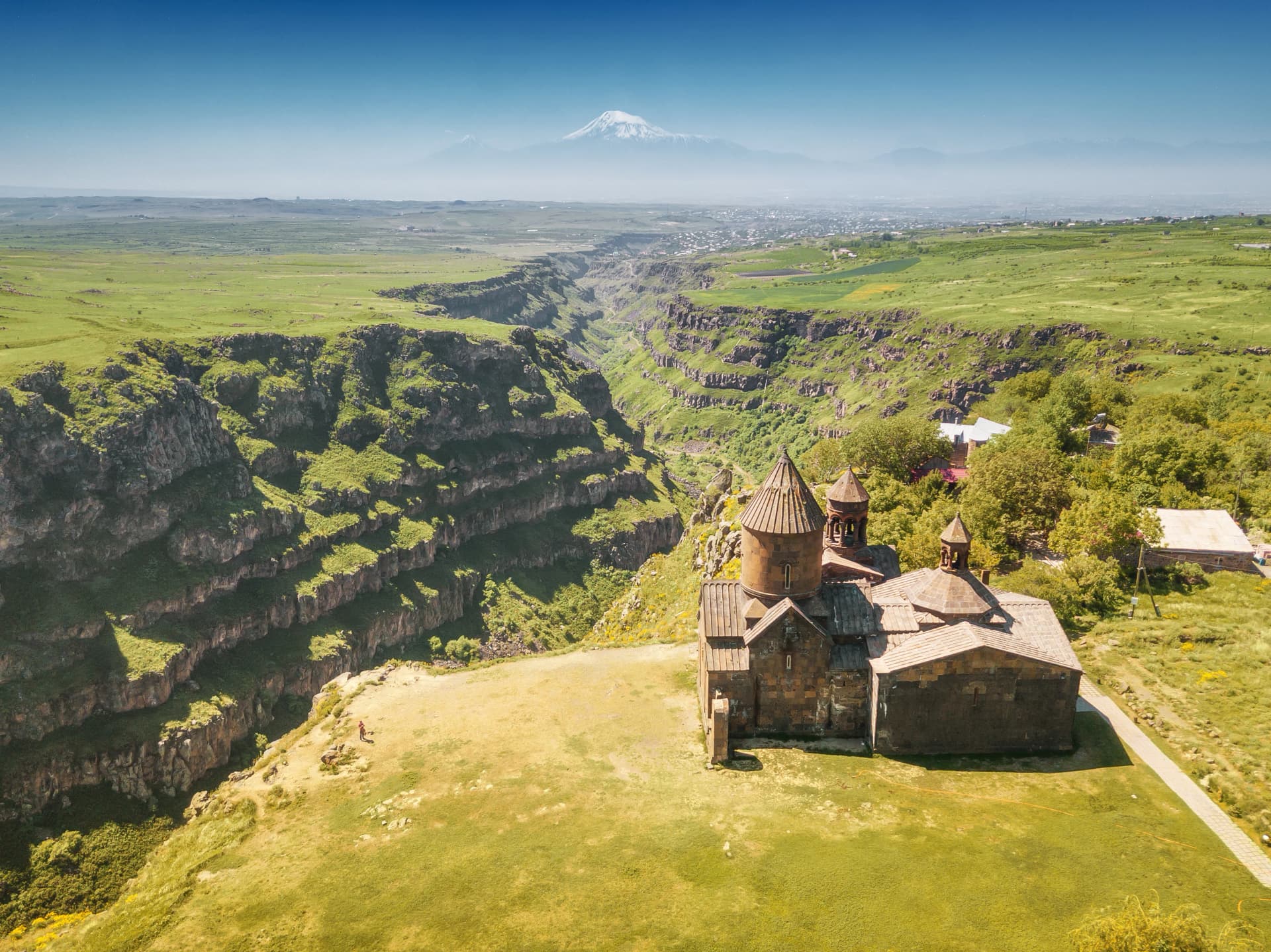 Aerial view of Saghmosavank church or Monastery of Psalms is a popular tourist sightseeing destination in Armenia. It is located on edge of Kasakh river gorge