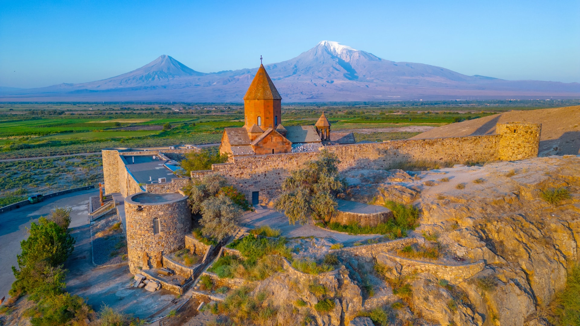 Sunrise view of Khor Virap Monastery standing in front of Ararat moutain in Armenia