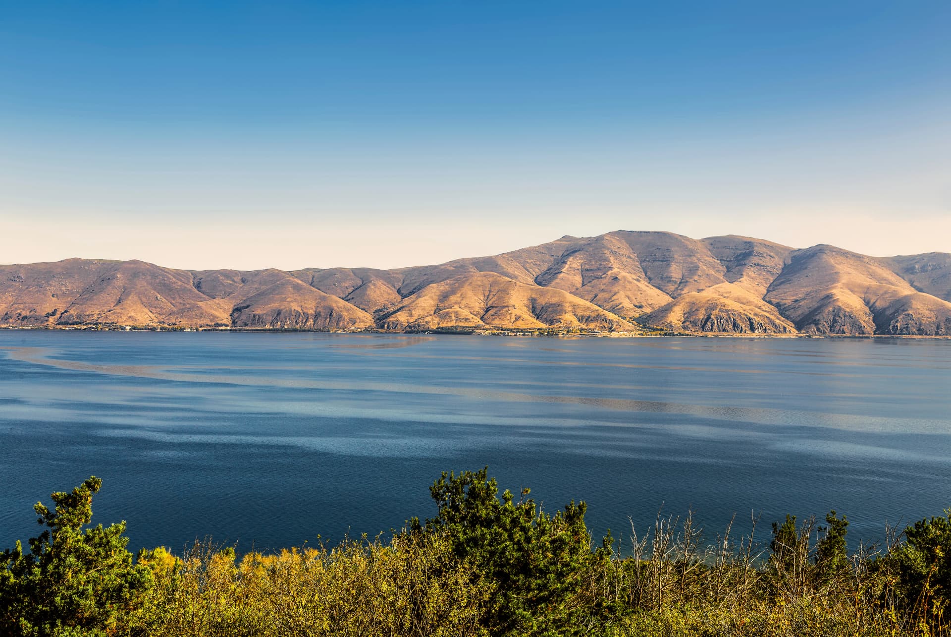 View of Lake Sevan and the mountains on the shore. Armenia