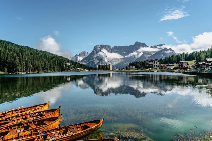 Lake Misurina,Lago di Misurina is pearl of the Dolomites.Mountain lake in Italy with wooden boats,Veneto region,Sorapis mountain group.Perfect destination for hiking.Touristic resort for holiday