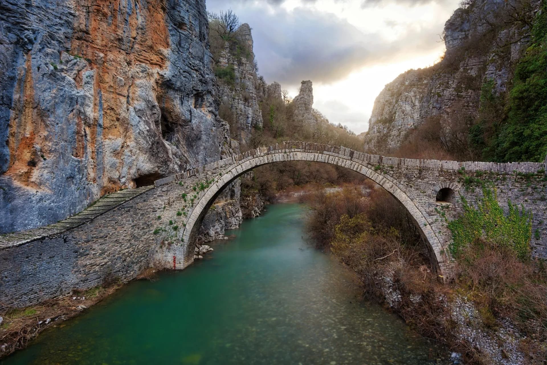 Old Arch Bridges over Vikos Gorge in Northern Greece taken in April 2018