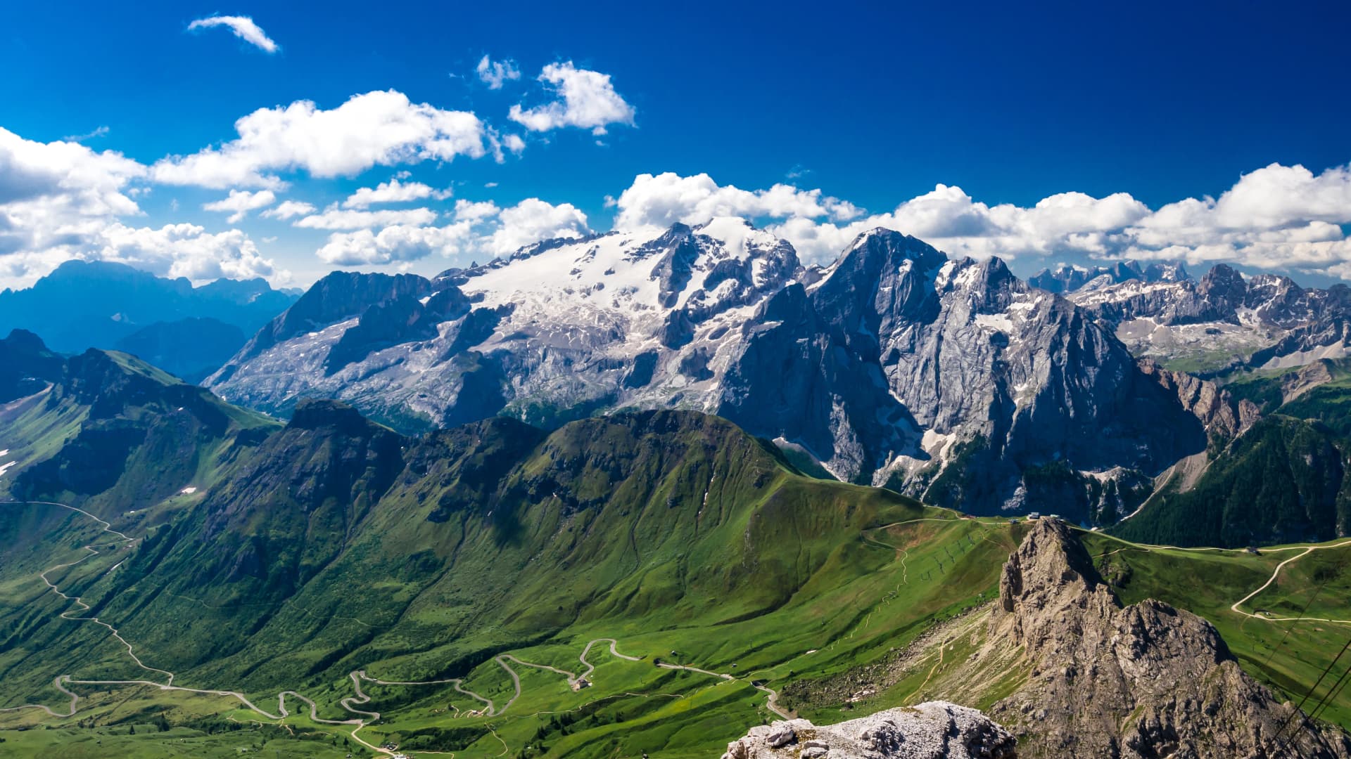 Marmolada massif, Dolomiti, Itay. Beautiful view over the Marmolada glacier and Pordoi Pass from gruppo Sella and Piz Boe peak