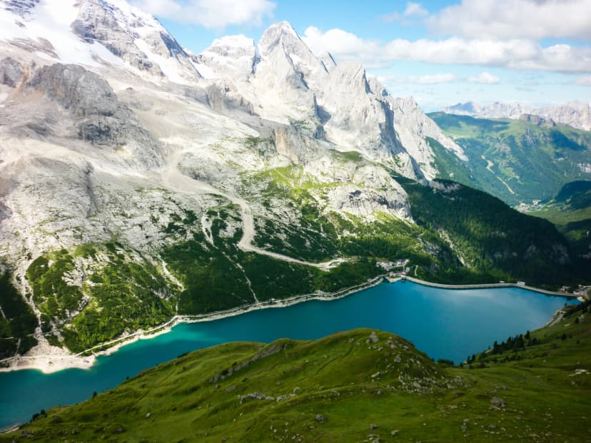This is fantastic view on lago di Fedaia and Marmolada moutaine in Italy