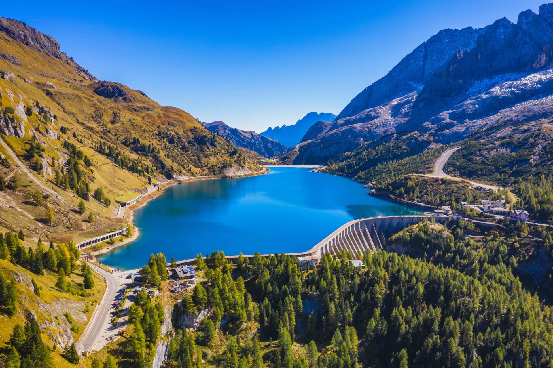Lago Fedaia (Fedaia Lake), Fassa Valley, Trentino Alto Adige, an artificial lake and a dam near Canazei city, located at the foot of Marmolada massif. Fedaia Lake is the Province of Belluno, Italy.