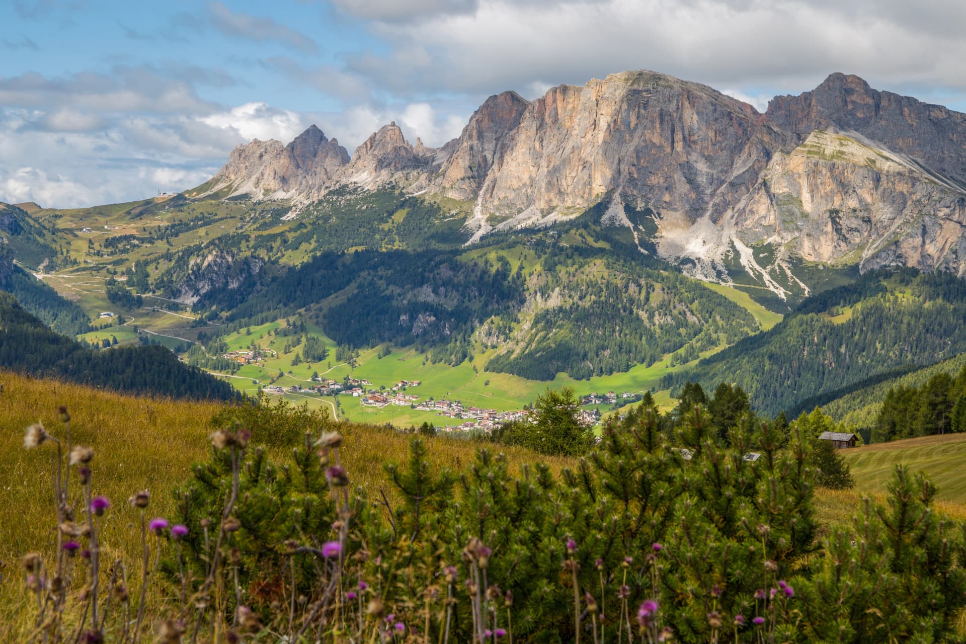 Aerial view of Colfosco in High Badia Valley, South Tyrol, Bolzano province, Italy