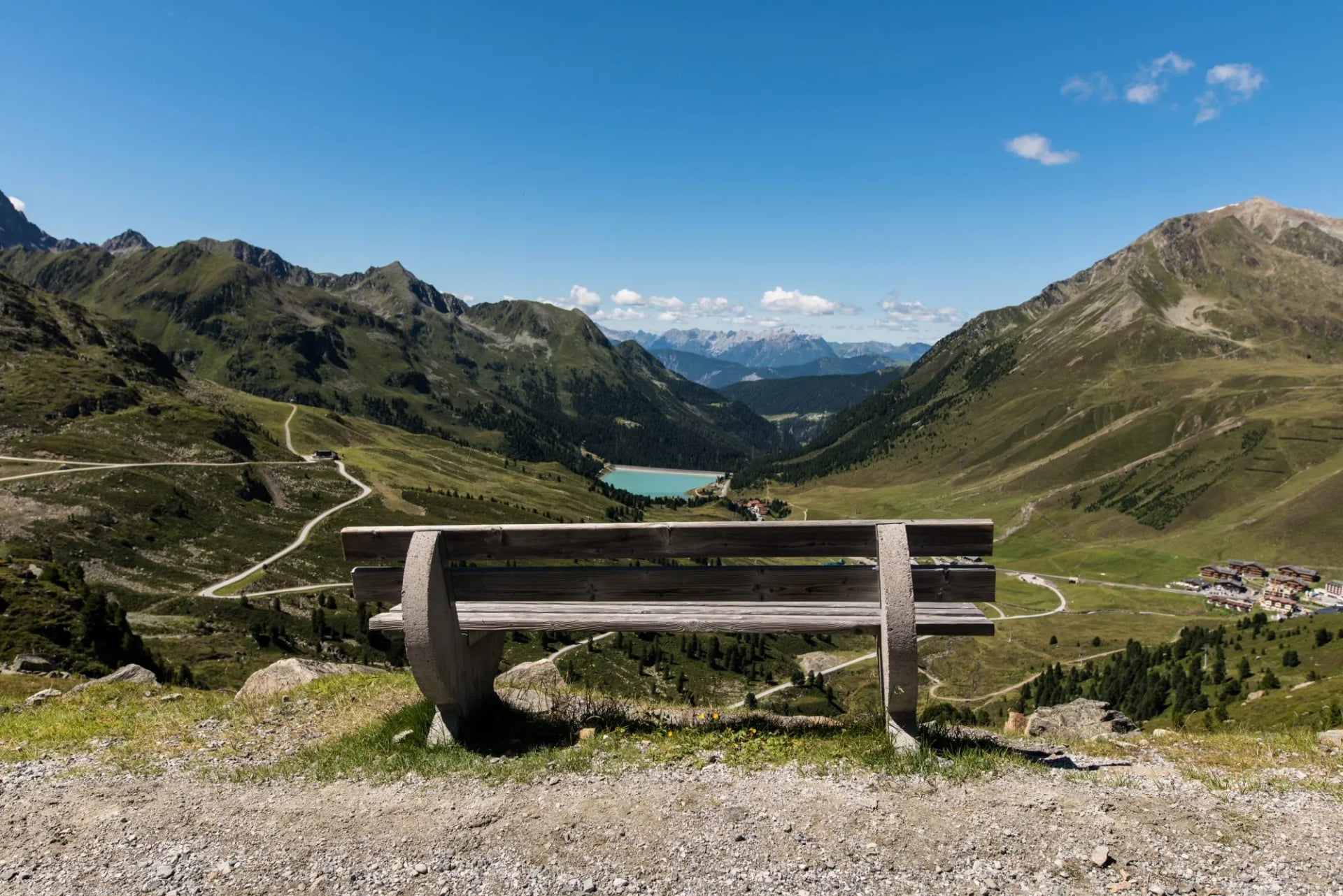 A bench looking over the Kuhtai valley and reservoir in the Sellrain mountains of Tyrol