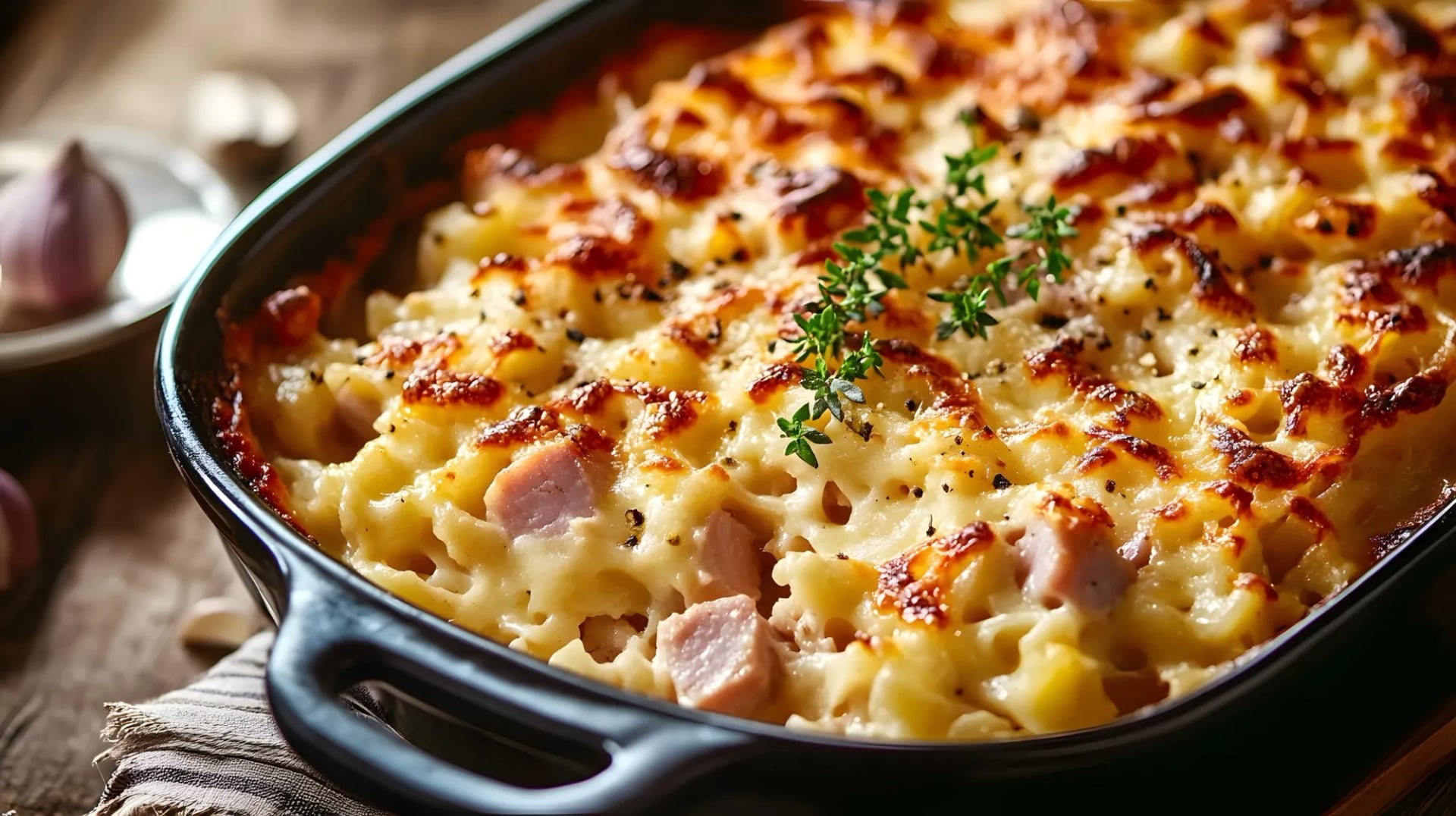 A baked cheese and ham noodle casserole in a pan