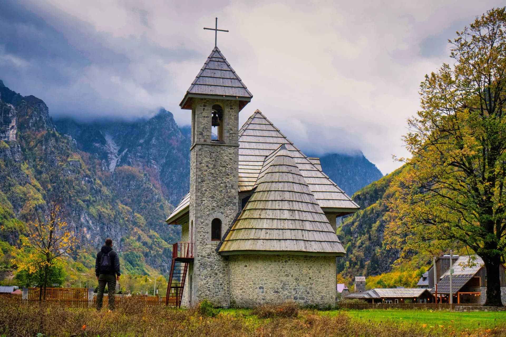 Autumnal view of Thethi National Park in Northern Albania showing clouds and the spectacular colors of Autumn.
