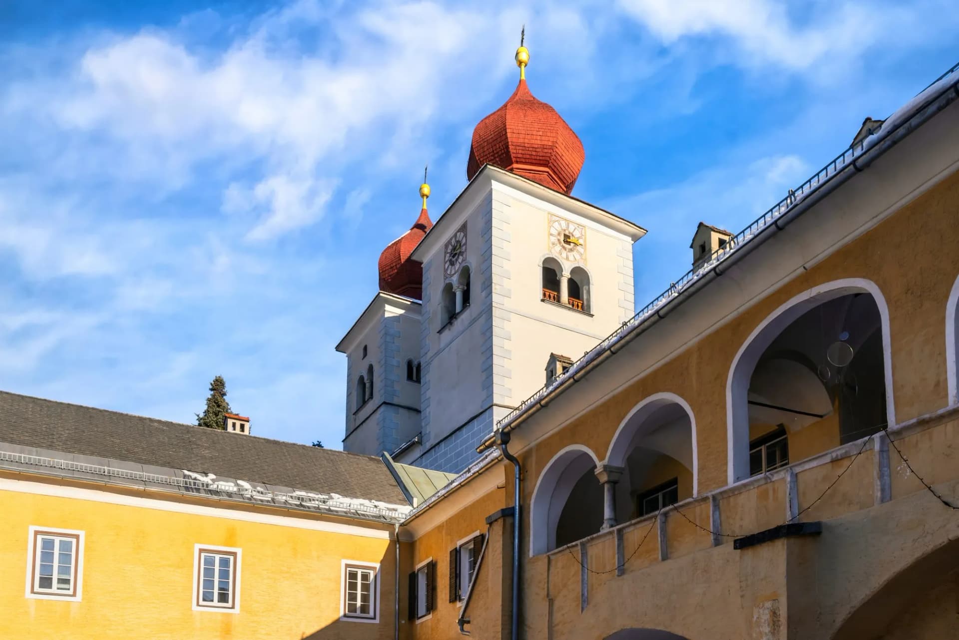 Twin towers of the Millstatt Abbey, Austria