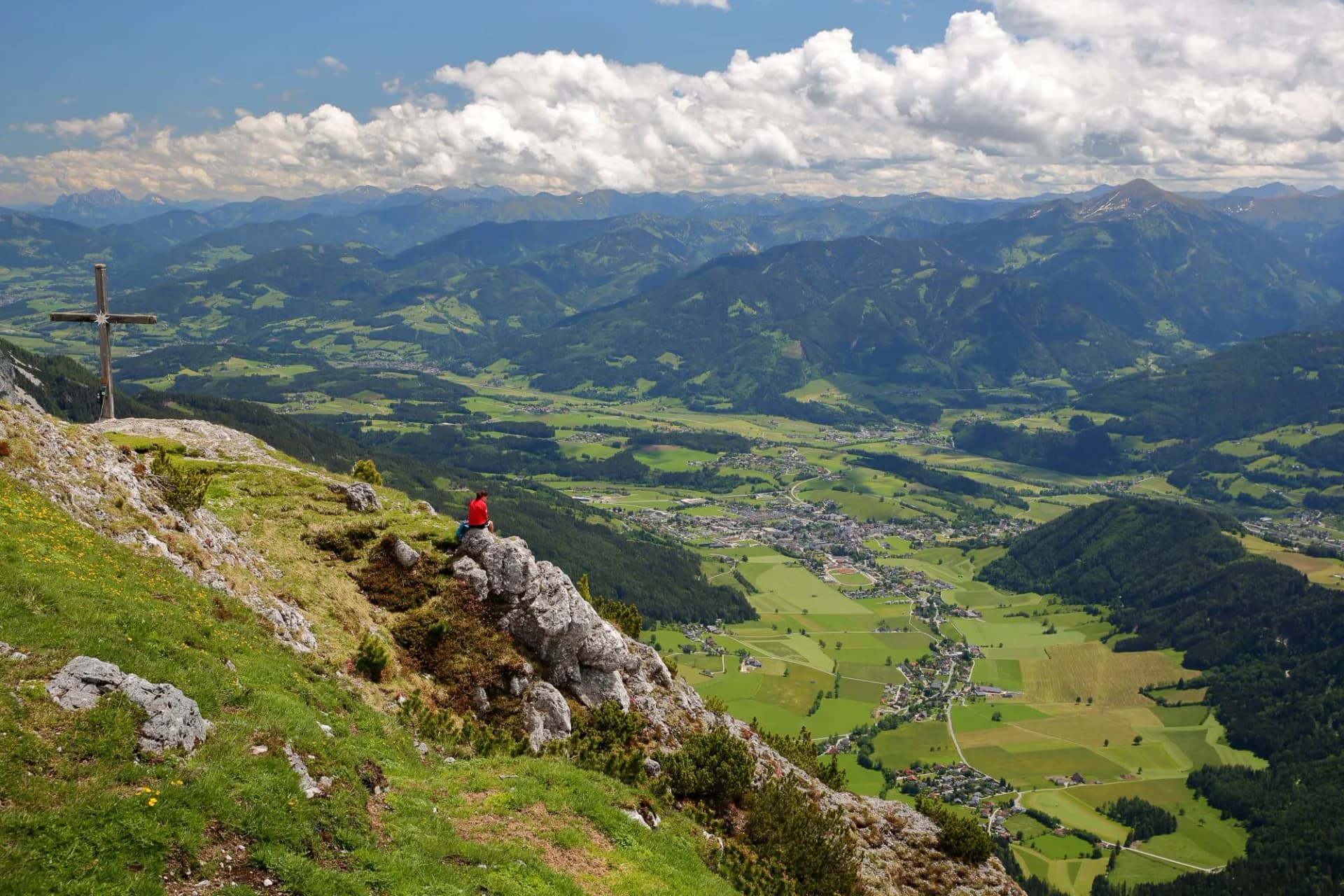 Panoramic view over the Enns Valley from Mount Stoderzinken (Grobming in the Enns Valley), Salzkammergut, Styria, Austria, Europe