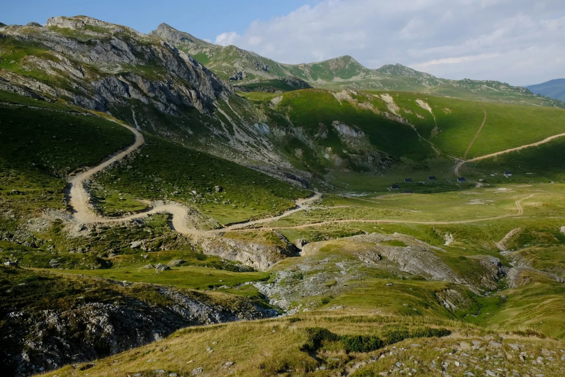 Beautiful mountain views on the trail from Dobërdol in Albania to the highest peak of Kosovo - Djeravica (Đeravica, Gjerovica) in cloudy and sunny day. Albanian Alps, Peak of Balkans