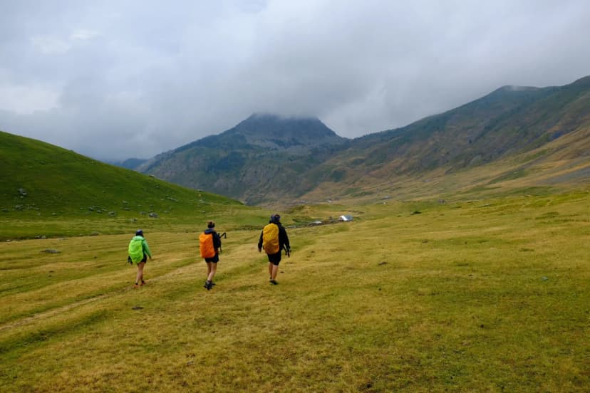 Hikers with backpacks walking through green valley toward mountains under cloudy sky