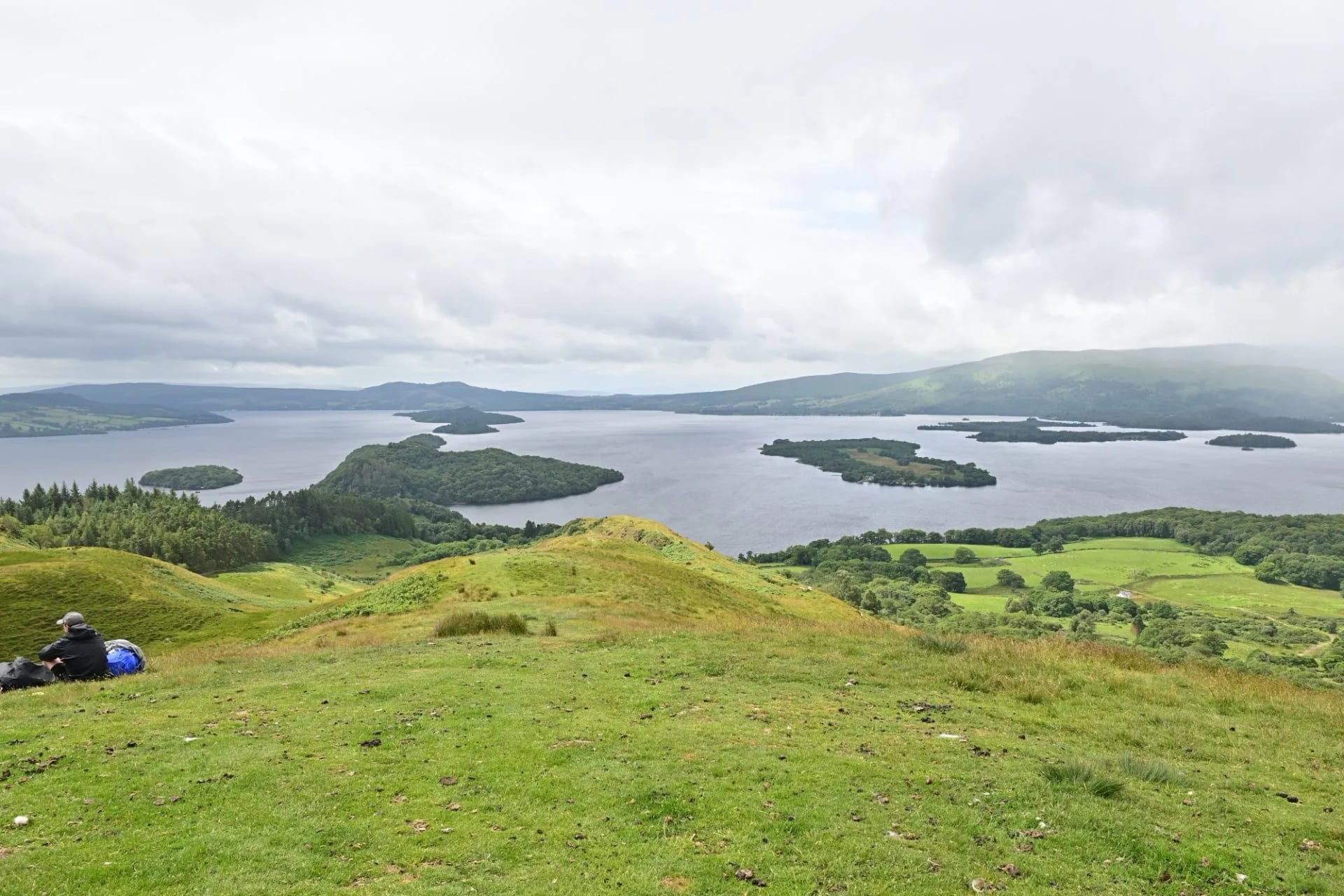 The wooded islands of Loch Lomond seen from the grassy slopes of Conic Hill