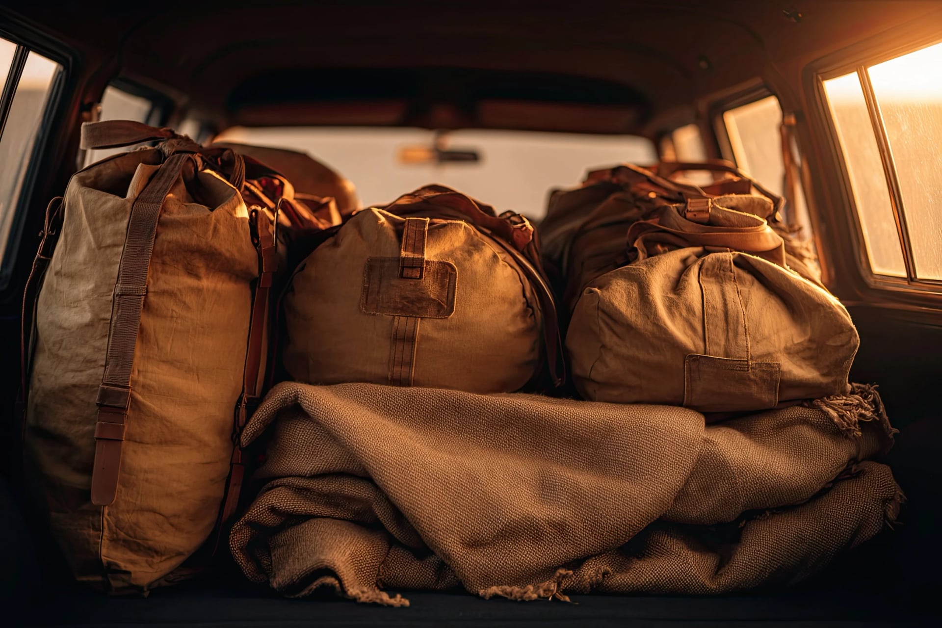 Luggage and duffel bags are stacked and piled in the back seat of a car ready for a journey.