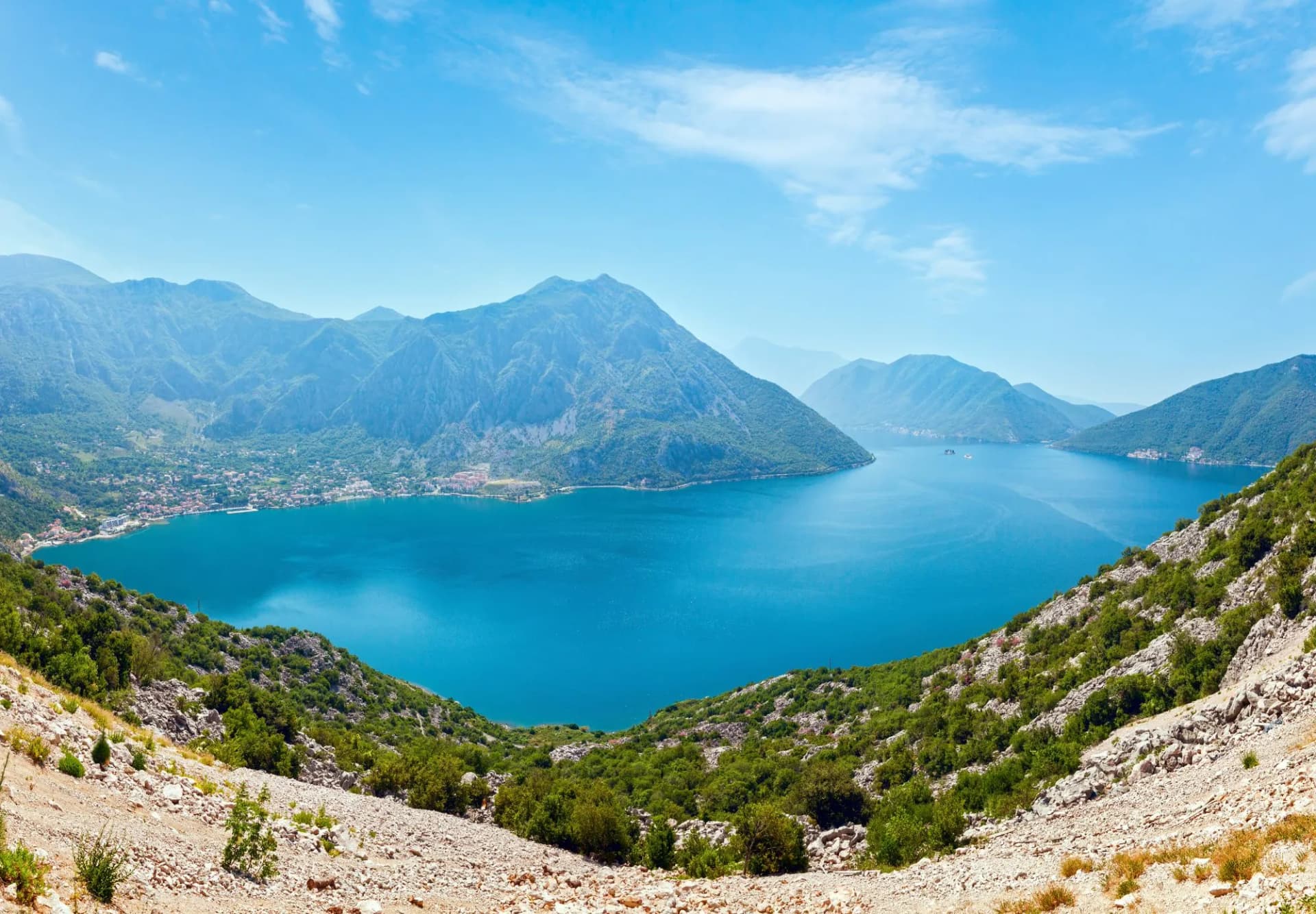 Bay of Kotor summer panorama (the coast of Perast town, Montenegro)