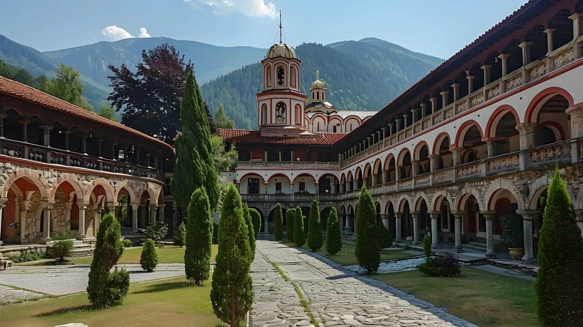 Ornate Rila Monastery with Domes and Cloisters in Scenic Mountain Setting