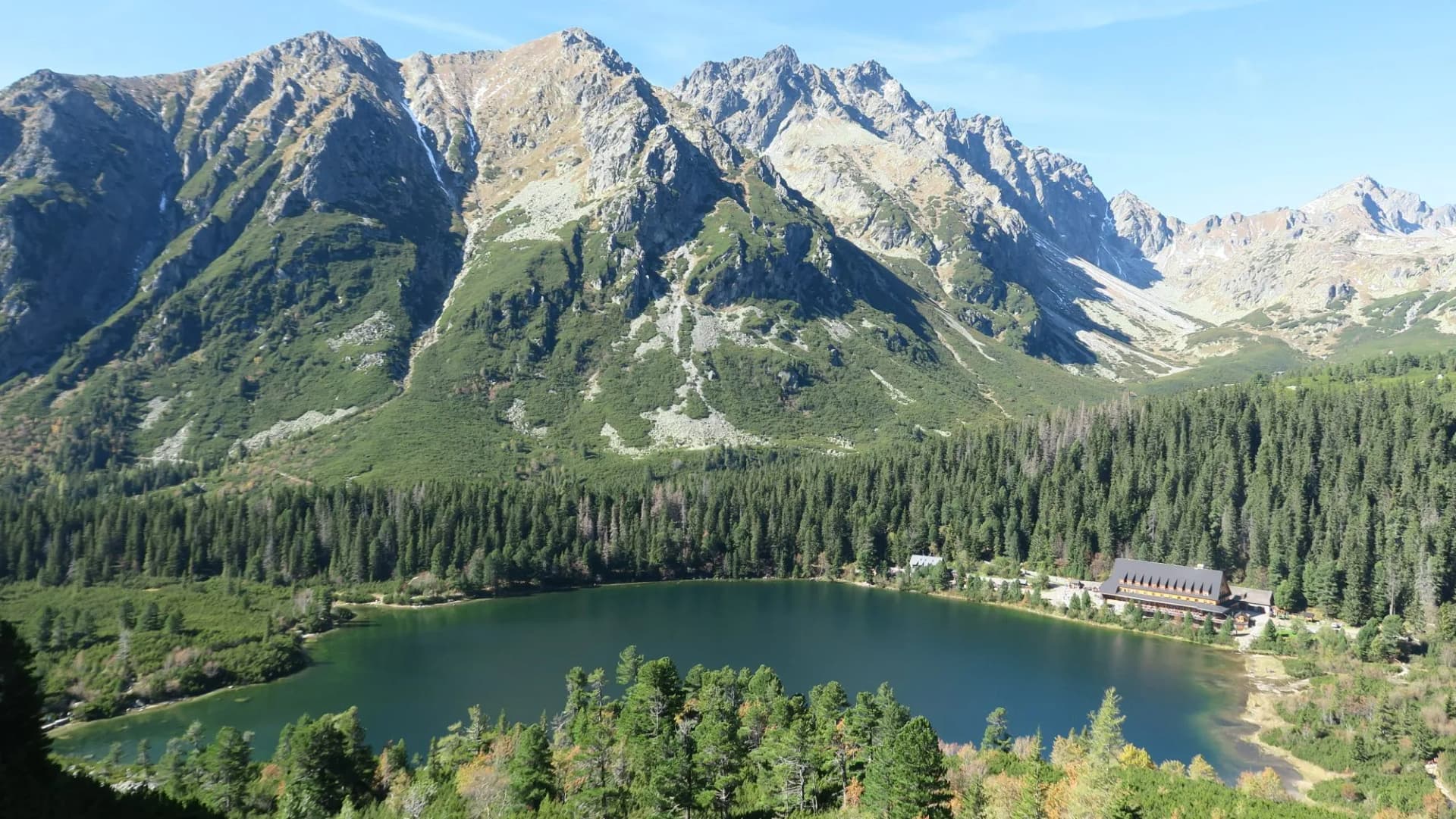 Poprad pleso and Tatra peaks visible from the back. A popular place from which many tourists embark on high mountains. Beautiful nature, blue sky and unparalleled peaks.