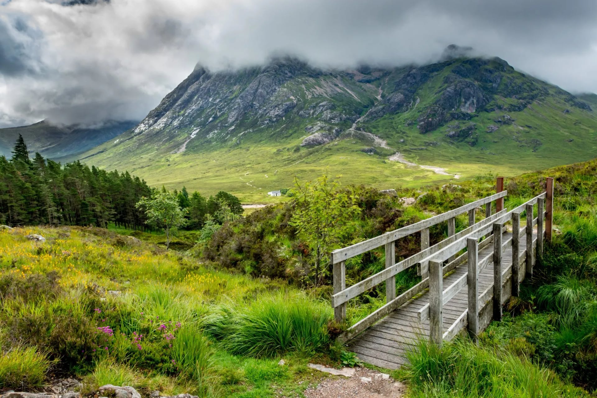 A wooden walkway and bridge crossing boggy ground below a rocky peak