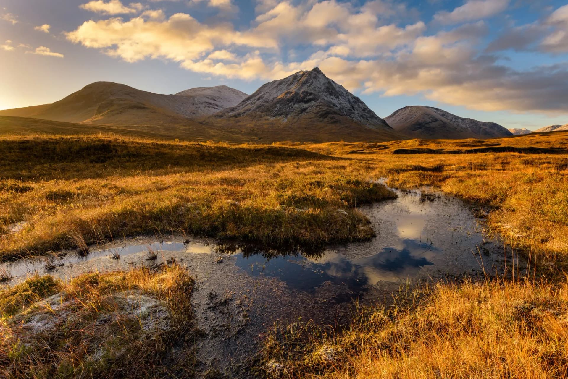 Golden Morning Light At Rannoch Moor With Snowcapped Scottish Mountains.
