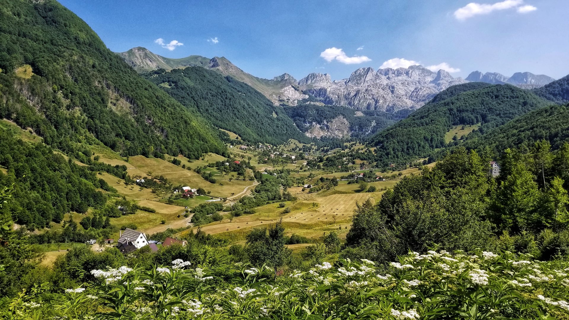 Small village in a lush green mountain valley with rocky peaks under a clear blue sky.