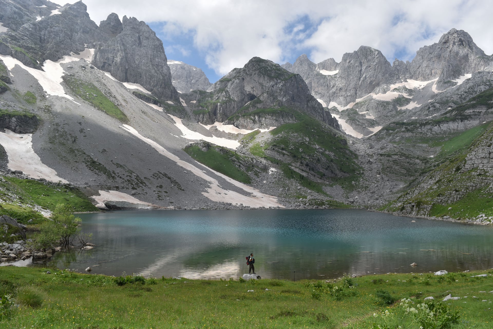Hiker standing by a turquoise alpine lake surrounded by snow-capped mountain peaks.