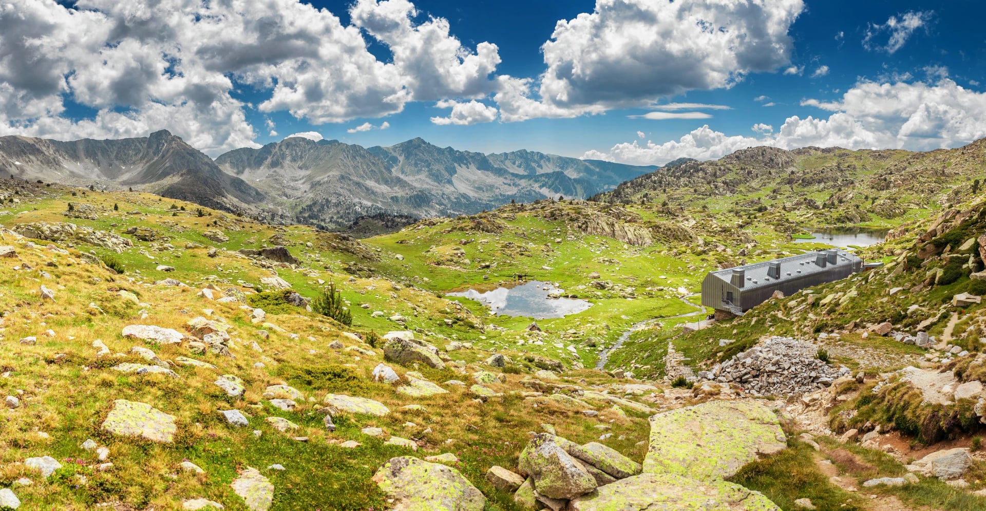 Madriu Perafita Claror Pyrenees mountain Valley and hiking refuge shelter in Andorra, UNESCO world heritage place