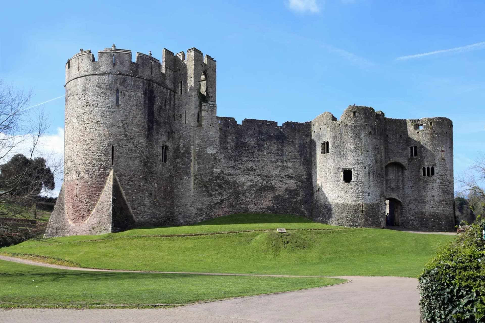 Chepstow Castle at Chepstow, Monmouthshire, Wales is the oldest surviving post-Roman stone fortification in Britain.