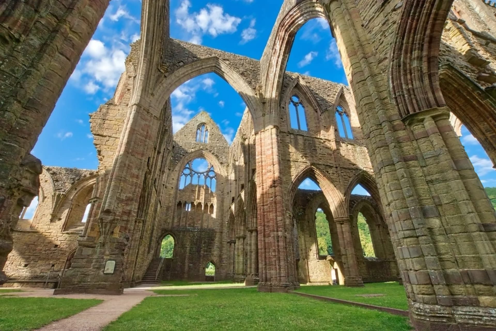 The ruins of Tintern Abbey, founded by Walter de Clare, Lord of Chepstow, on 9 May 1131. It is situated adjacent to the village of Tintern in Monmouthshire, Wales, UK.