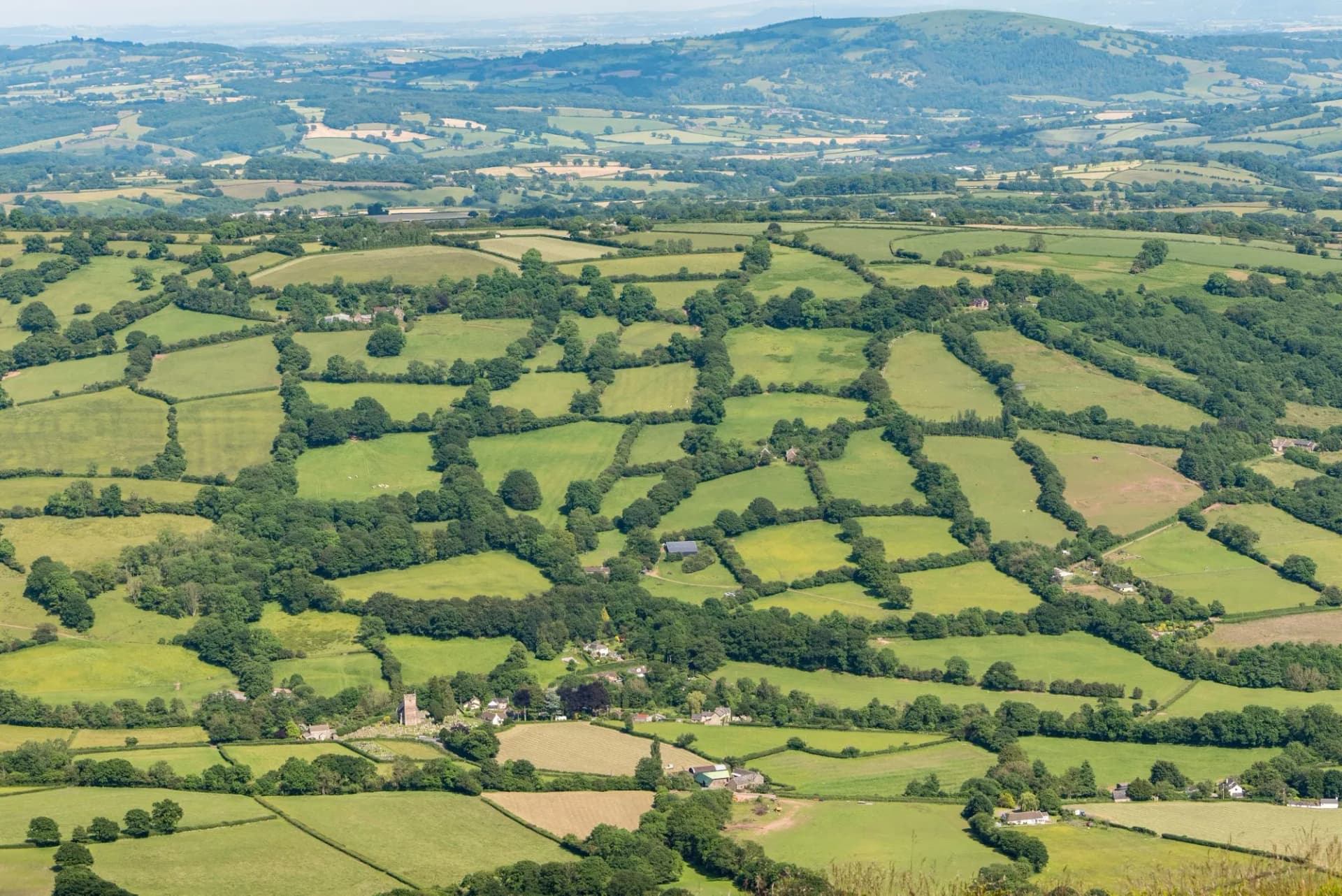 An English rural scene. It is a view of a patchwork of fields surrounded by green hedges, taken from above. The photo was taken from the Offa’s Dyke Path, on the Welsh border.