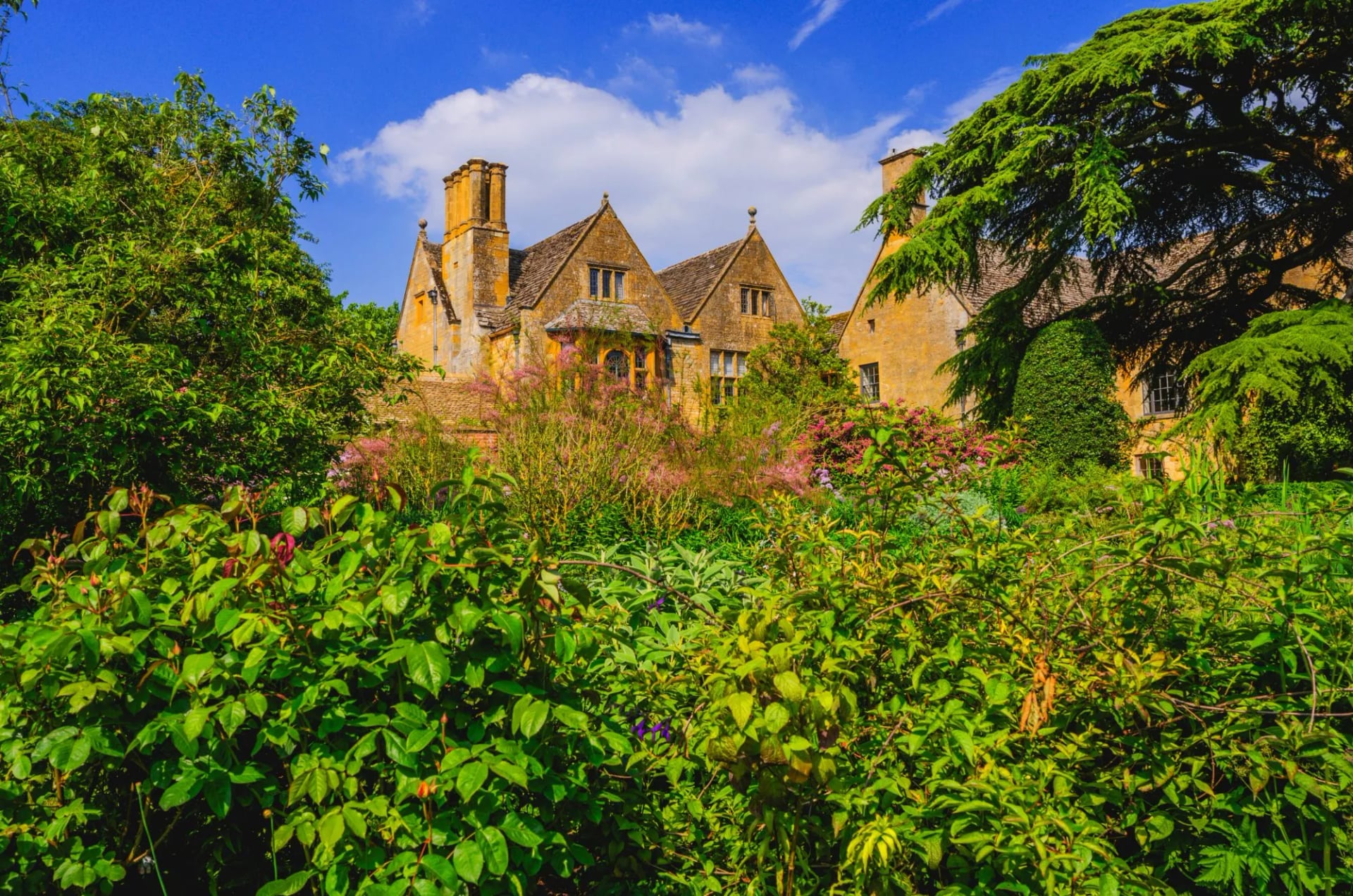 Golden limestone manor house behind a summer garden in the Cotswolds